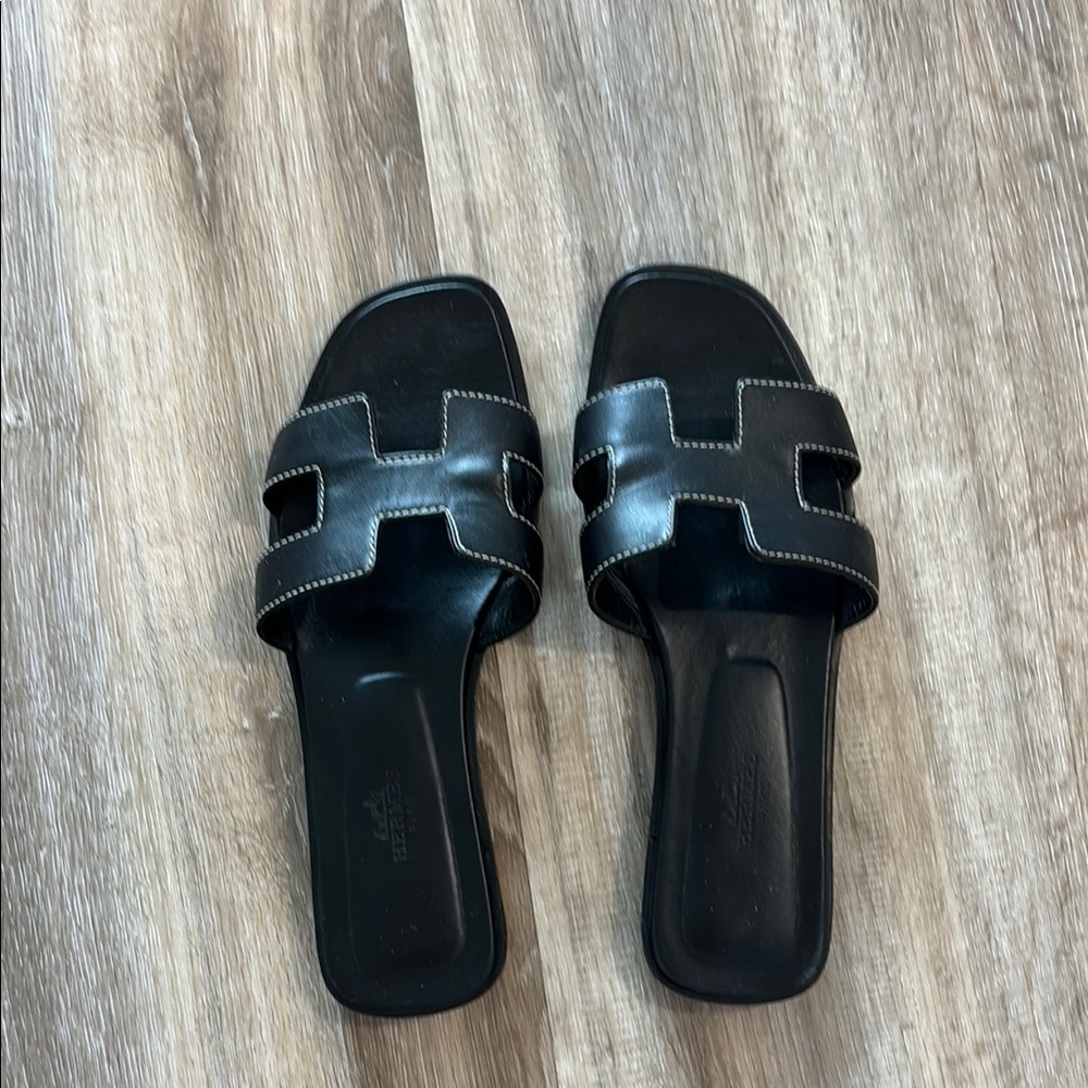 Hermes Black H-Strap Leather Sandals